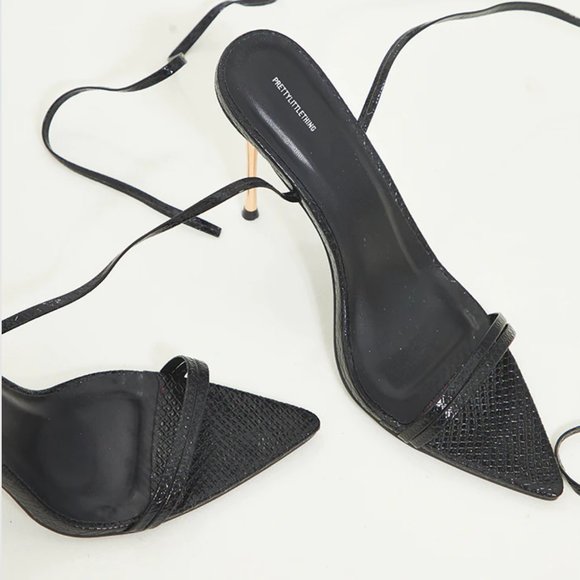 NEW PLT Black Vegan Leather Croc Double Strap Lace Up High Metal Heels 8 - Picture 4 of 7